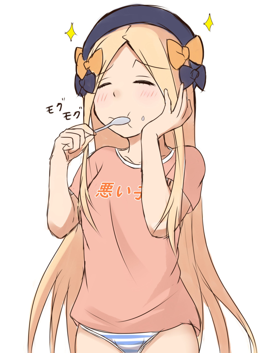 1girl, :t, abigail_williams_(fate/grand_order), absurdres, bangs, black_bow, black_hat, blush, bow, closed_eyes, closed_mouth, clothes_writing, collarbone, commentary_request, eyebrows_visible_through_hair, facing_viewer, fate/grand_order, fate_(series), food, food_on_face, forehead, hair_bow, hand_on_own_cheek, hat, highres, holding, holding_spoon, mitiru_ccc2, no_pants, orange_bow, panties, parted_bangs, pink_shirt, rice, rice_on_face, shirt, short_sleeves, simple_background, sketch, solo, sparkle, spoon, striped, striped_panties, t-shirt, underwear, white_background