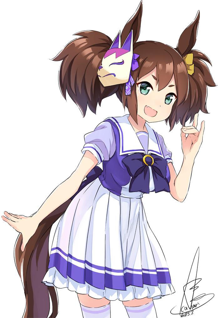 1girl, abe_kanari, animal_ears, blue_bow, bow, brown_hair, cowboy_shot, fox_mask