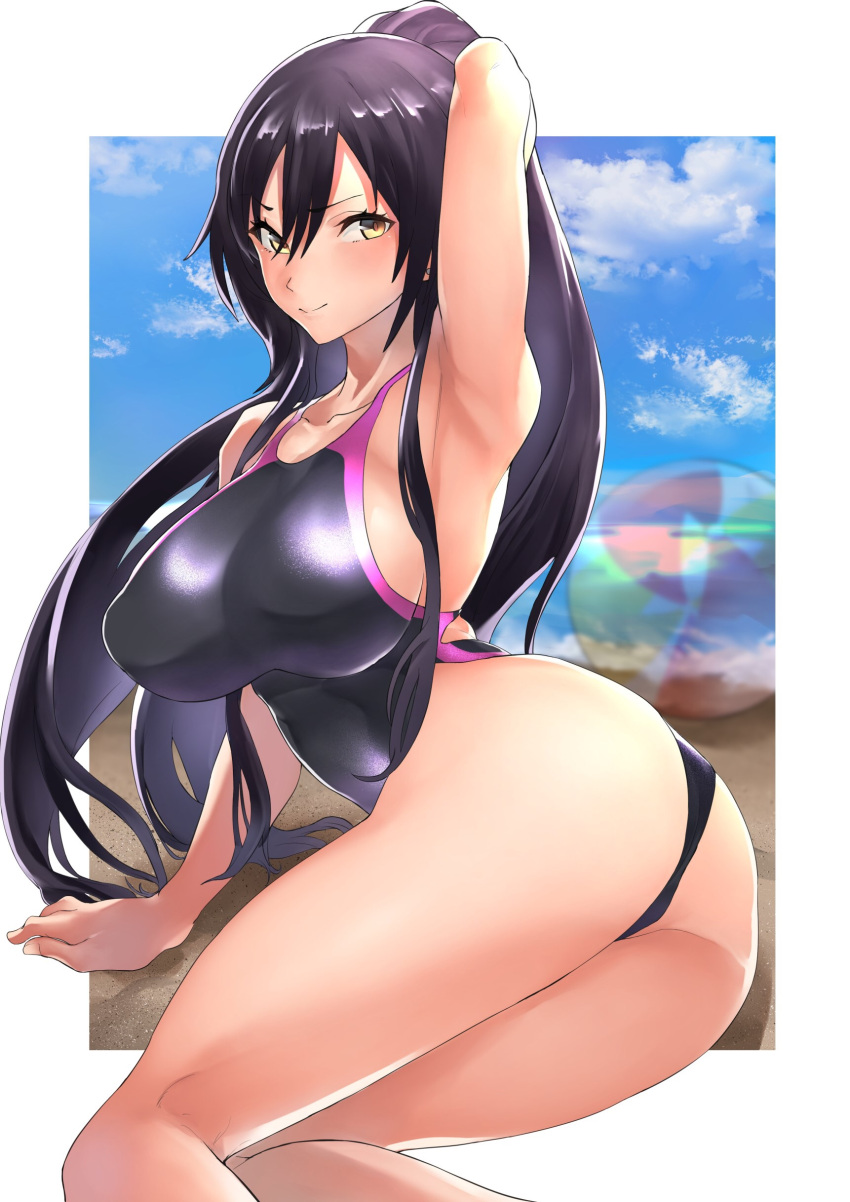 1girl, absurdres, arm_up, armpits, ass, ball, beachball, black_hair