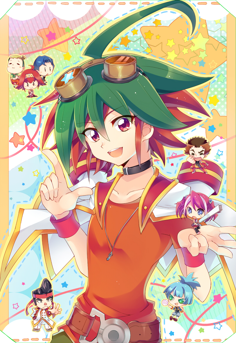 >:), +_+, 2girls, 6+boys, ahoge, ayukawa_ayu, black_hair, black_legwear, black_shirt, blonde_hair, blue_eyes, blue_hair, blue_jacket, brown_hair, chibi, choker, clenched_hands, closed_eyes, dot_eyes, fan, flame_print, geta, goggles, goggles_on_head, green_eyes, green_hair, green_pants, hairband, hand_in_pocket, harada_futoshi, hiiragi_shuzou, hiiragi_yuzu, holding_lollipop, jacket, light_blue_hair, long_sleeves, looking_at_viewer, multicolored_hair, multicolored_hairband, multiple_boys, multiple_girls, noboru_gongenzaka, open_clothes, open_jacket, open_mouth, outstretched_arm, outstretched_hand, pants, paper_fan, pink_hair, pleated_skirt, pompadour, red_nose, red_pants, redhead, rento_(rukeai), sakaki_yuuya, shirt, shiun'in_sora, short_hair, short_sleeves, shorts, skirt, sleeveless, smile, star, starry_background, thigh-highs, triangle_mouth, twintails, wavy_mouth, white_jacket, yamashiro_tatsuya, yu-gi-oh!, yuu-gi-ou_arc-v