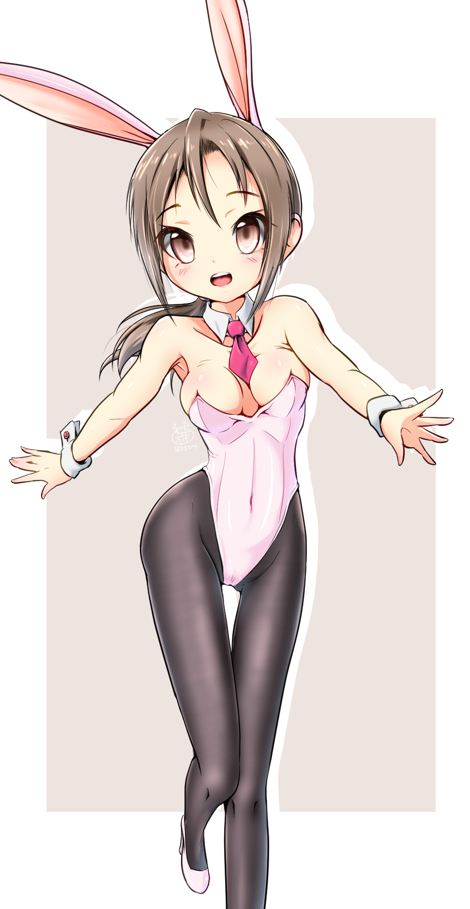 1girl, animal_ears, black_legwear, breasts, brown_eyes, brown_hair, bunny_girl, bunnysuit