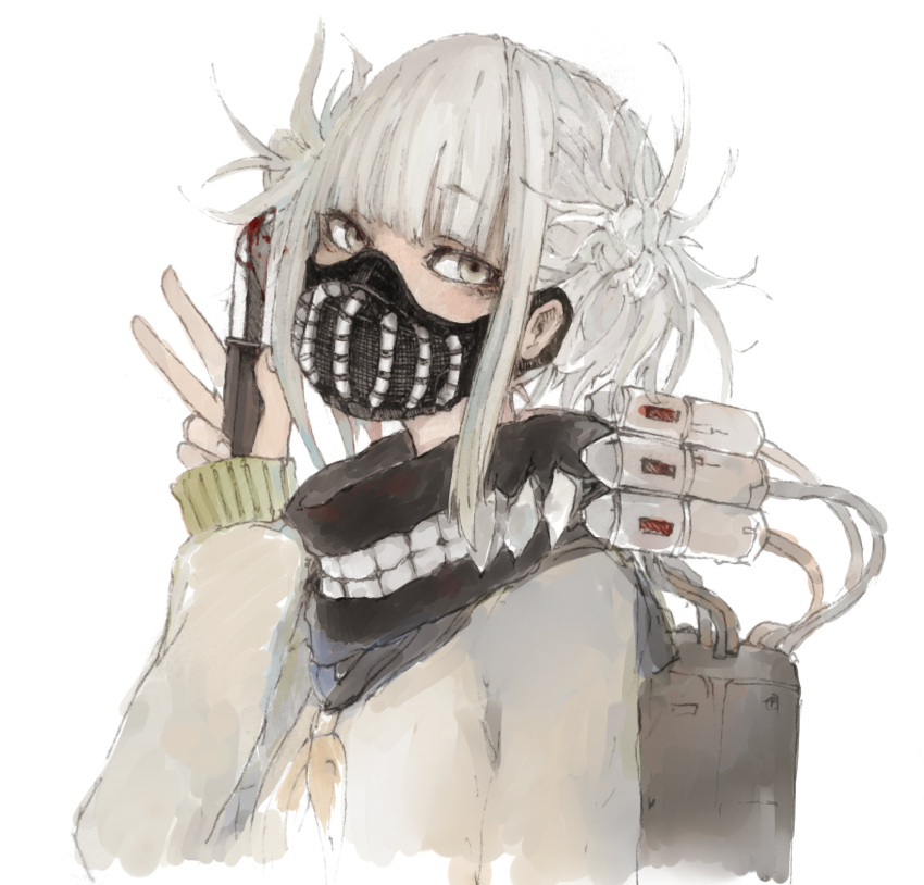132_(bb32768), 1girl, bags_under_eyes, bangs, blonde_hair, blood, bloody_weapon, blunt_bangs, boku_no_hero_academia, cardigan, double_bun, highres, holding, holding_knife, holding_weapon, knife, long_sleeves, looking_at_viewer, looking_to_the_side, mask, messy_hair, school_uniform, serafuku, sidelocks, simple_background, toga_himiko, upper_body, weapon, white_background, yellow_eyes