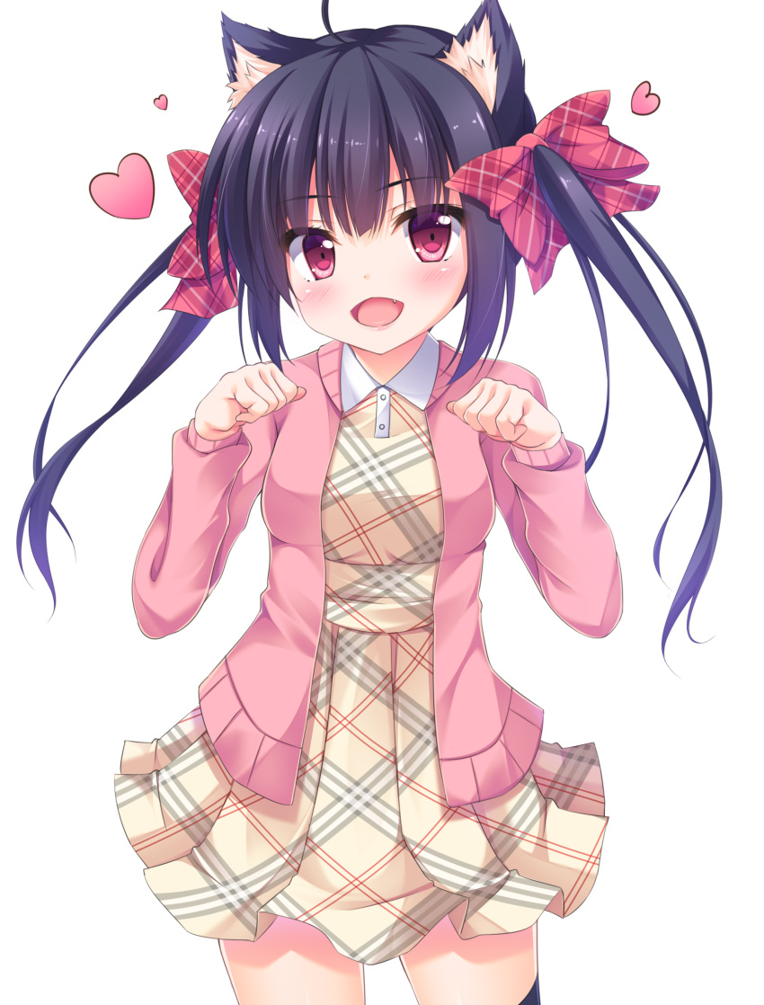 1girl, :d, absurdres, ahoge, animal_ears, bangs, black_hair, blue_legwear