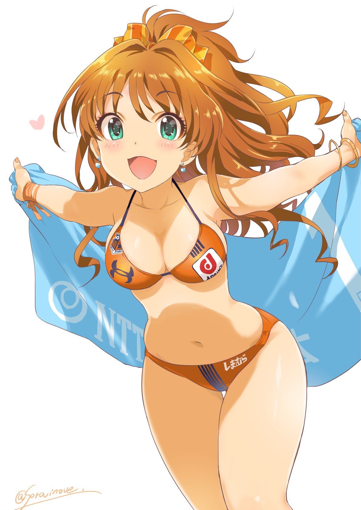 1girl, :3, :d, aqua_eyes, artist_name, bangle, bikini, blush, bow, bracelet, breasts, brown_hair, cleavage, commentary_request, earrings, eyebrows_visible_through_hair, fingernails, hair_bow, half_updo, highres, hino_akane_(idolmaster), idolmaster, idolmaster_cinderella_girls, inoue_sora, j._league, jewelry, long_hair, medium_breasts, navel, omiya_ardija, open_mouth, orange_bikini, ribbon, simple_background, smile, solo, sparkle, sports_bikini, swimsuit, thigh_gap, towel, twitter_username, white_background, wrist_ribbon