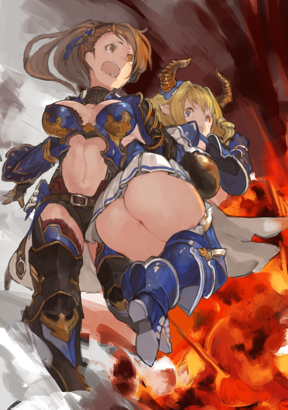 2girls, armor, ass, bangs, beatrix_(granblue_fantasy), belt, blonde_hair, blue_eyes