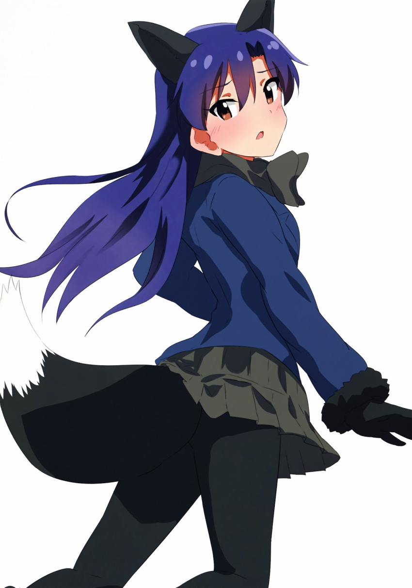 1girl, animal_ears, blue_hair, bowtie, brown_eyes, cosplay, fox_tail, gloves, idolmaster, jacket, kemono_friends, kisaragi_chihaya, lieass, long_hair, looking_at_viewer, open_mouth, pantyhose, silver_fox_(kemono_friends), silver_fox_(kemono_friends)_(cosplay), simple_background, skirt, solo, white_background