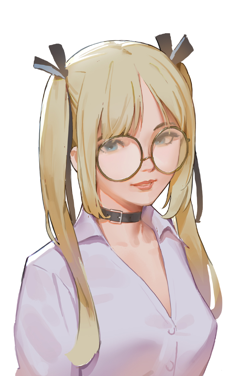 1girl, bangs, bespectacled, black_ribbon, blonde_hair, breasts, buttons, choker