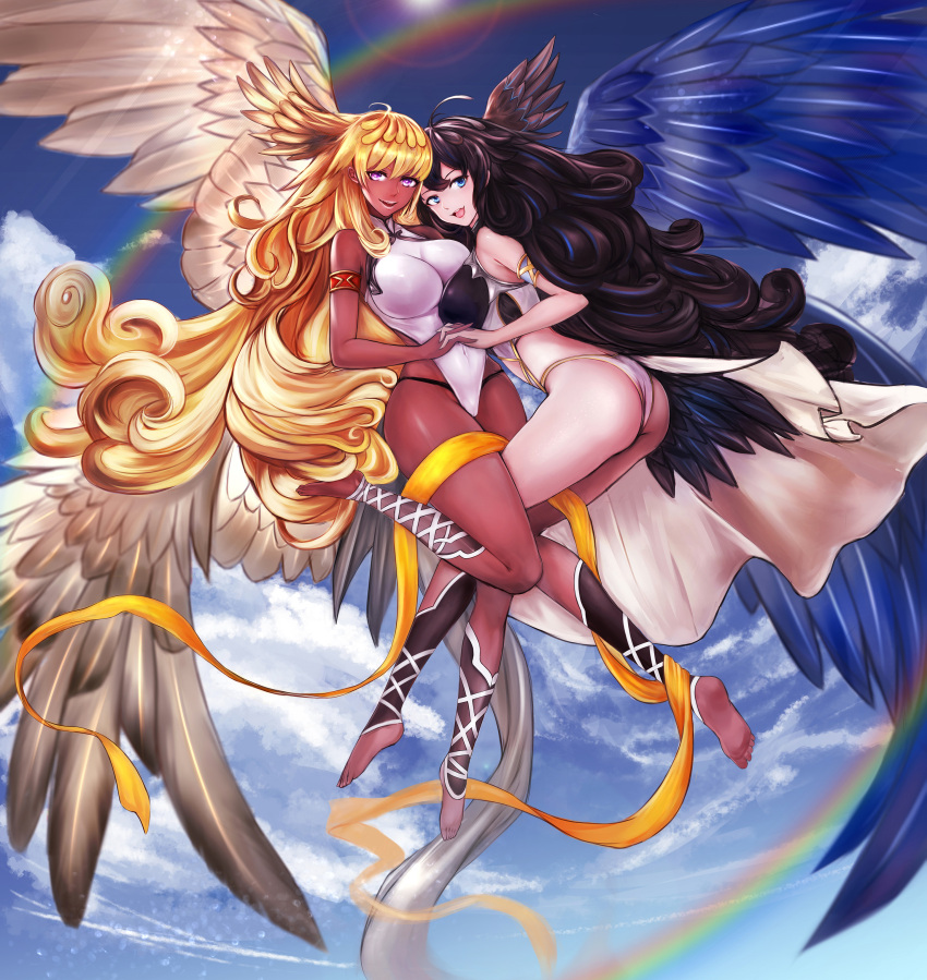 2girls, :d, absurdres, ahoge, angel, armlet, ass, bangs
