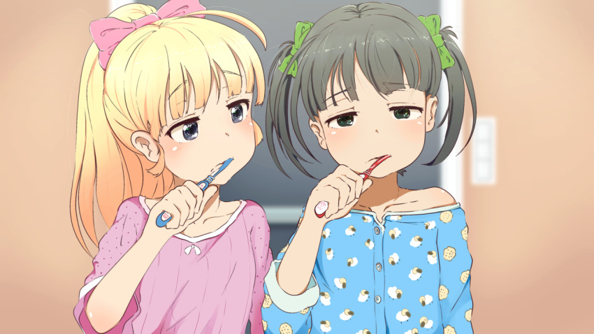 2girls, bathroom, black_hair, blonde_hair, blue_pajamas, blurry, blurry_background, blush