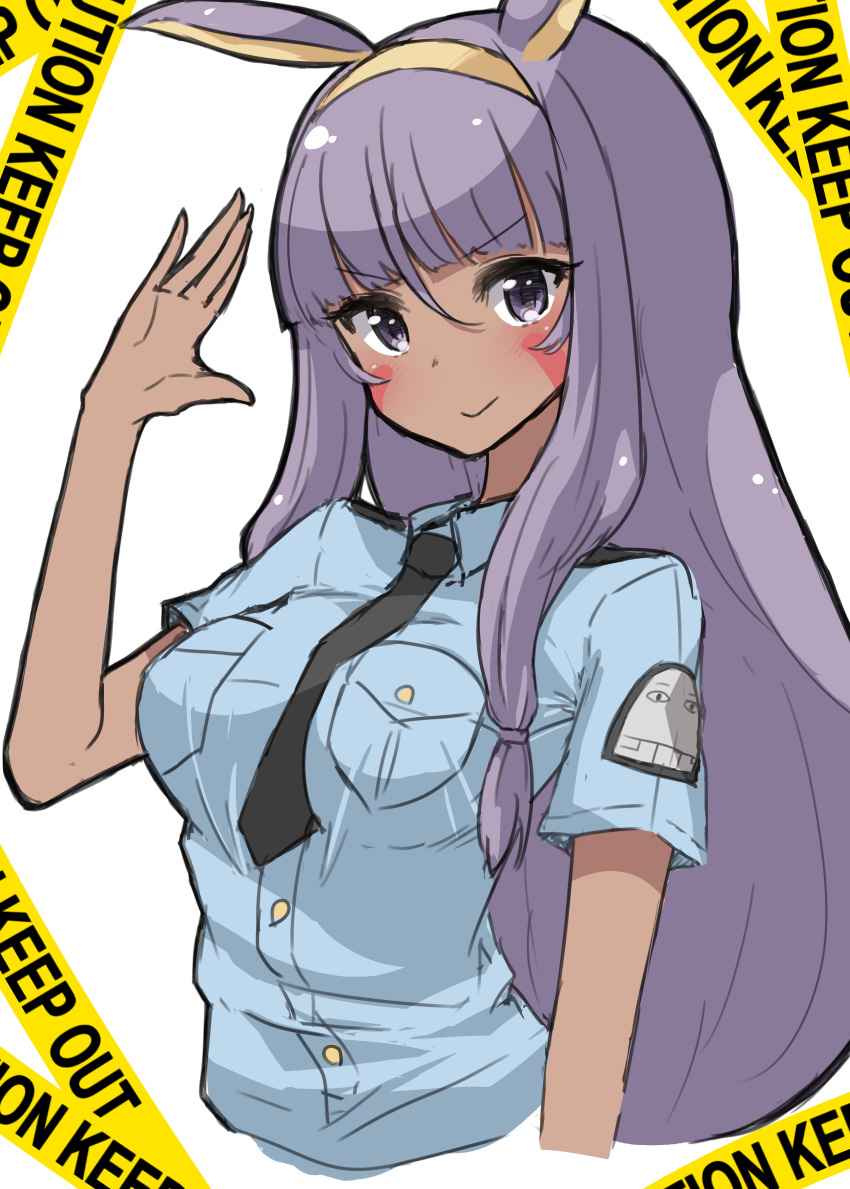 1girl, absurdres, animal_ears, black_neckwear, blue_shirt, breast_pocket, caution_tape, commentary_request