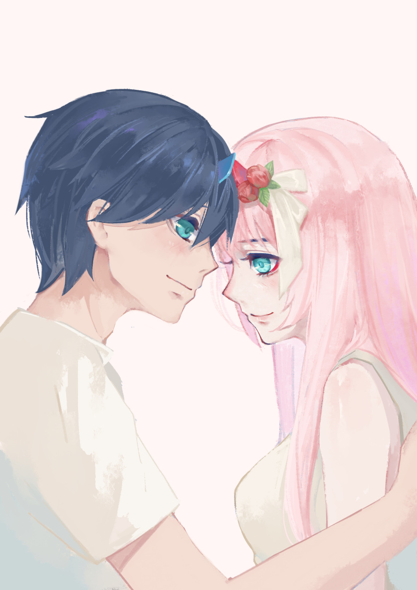 1boy, 1girl, absurdres, bare_shoulders, black_hair, blue_eyes, breasts, chu_dengdeng