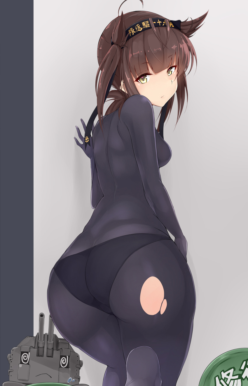 1girl, absurdres, ahoge, anchor_symbol, arm_at_side, ass, back, bangs, black_bodysuit, black_hairband, black_panties, blunt_bangs, bodysuit, breasts, brown_hair, closed_mouth, clothes_writing, commentary_request, cowboy_shot, eyebrows_visible_through_hair, from_behind, hair_flaps, hairband, hand_on_wall, hand_up, hatsuzuki_(kantai_collection), highres, kantai_collection, looking_at_viewer, looking_back, low_ponytail, machinery, maruya1006, medium_hair, panties, panties_under_bodysuit, shoulder_blades, skin_tight, small_breasts, solo, turret, underwear, yellow_eyes