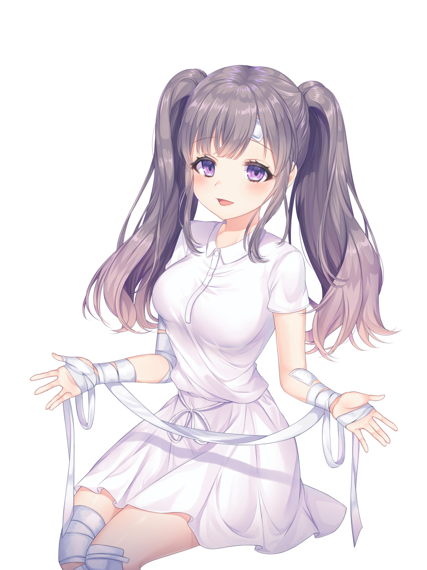 1girl, :d, absurdres, bandage, bandaged_arm, bandaged_leg, bangs, blush