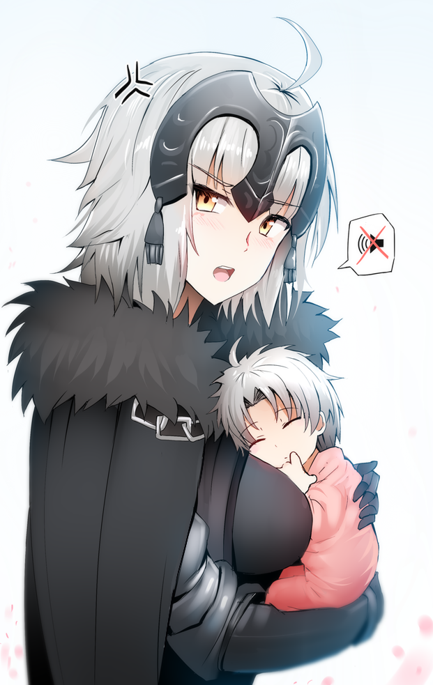 1boy, 1girl, ahoge, anger_vein, armor, armored_dress, baby, black_dress