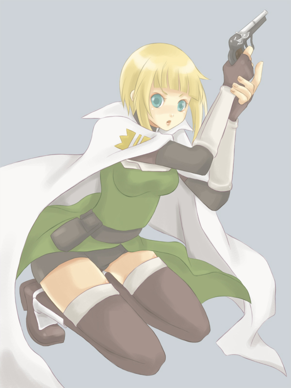 bad_id, bike_shorts, blonde_hair, boots, cape, cord-yoshikazu, green_eyes, gun