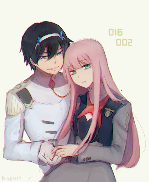 1boy, 1girl, benelle, black_hair, commentary, couple, darling_in_the_franxx, eyebrows_visible_through_hair