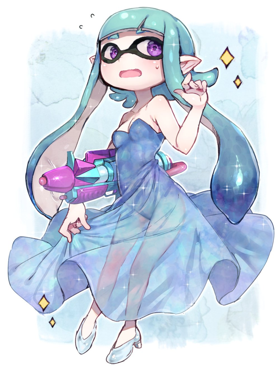 1girl, aqua_hair, bare_legs, bare_shoulders, blue_dress, blue_hair, blush, breasts