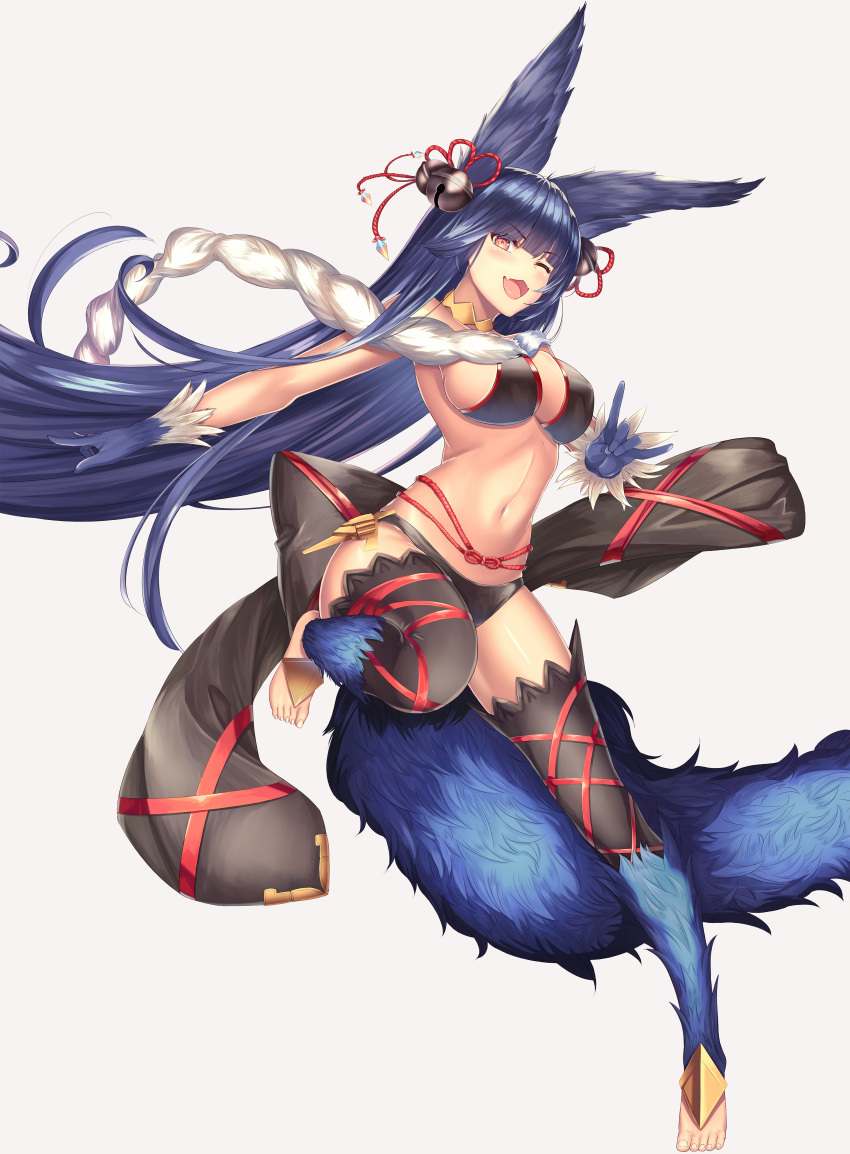1girl, ;d, absurdres, animal_ears, bangs, bell, blue_hair, blunt_bangs