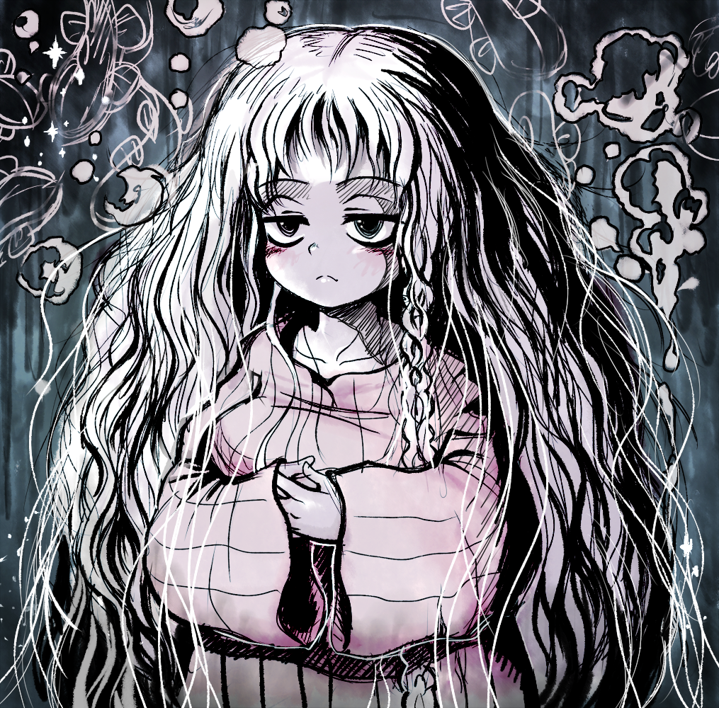 1girl, angel, blush, braid, girl_(tenshi_no_tamago), hassysoda, long_sleeves, messy_hair, tenshi_no_tamago_(anime), tired, white_hair