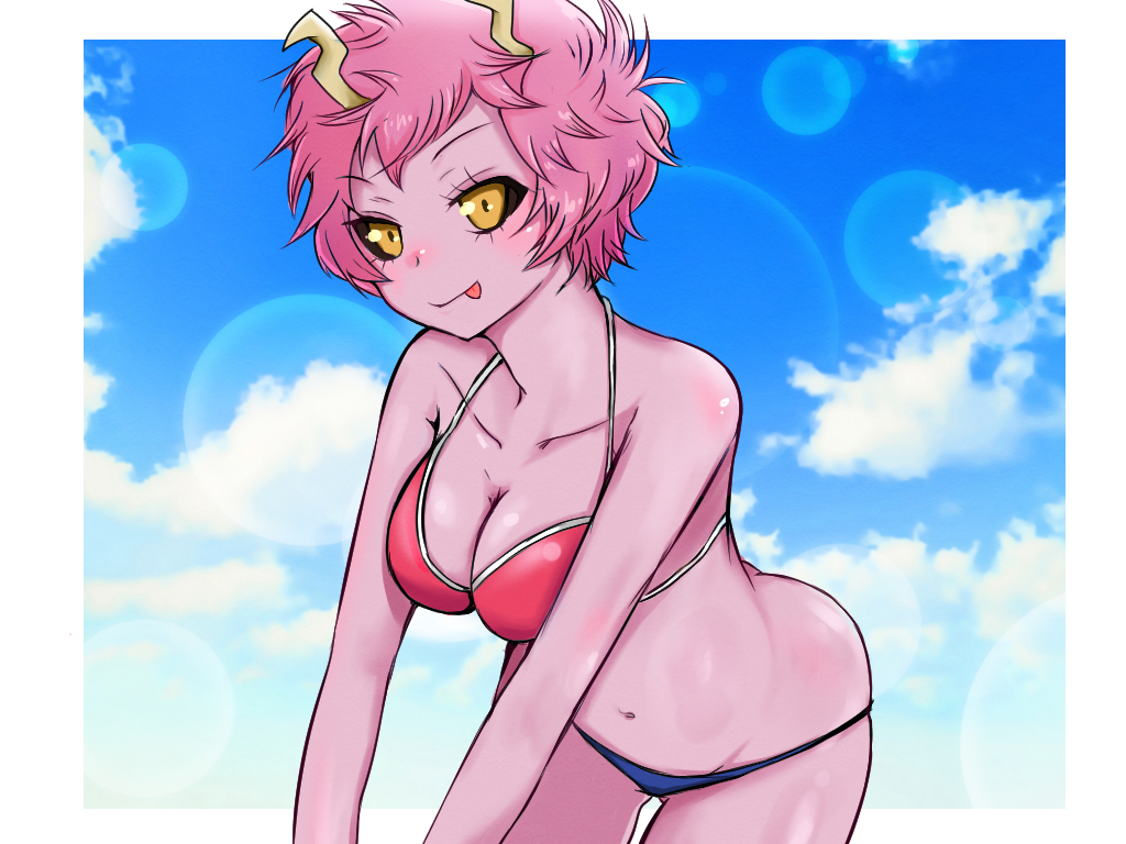 1girl, :p, ashido_mina, bikini, black_sclera, blue_sky, boku_no_hero_academia, breasts, cleavage, collarbone, eyebrows_visible_through_hair, green_glasses, horns, leaning_forward, looking_at_viewer, medium_breasts, navel, orange_eyes, outstretched_arms, pink_hair, pink_skin, short_hair, sky, smile, solo, standing, stomach, swimsuit, tongue, tongue_out, upper_body