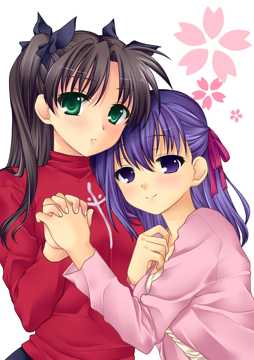 2girls, 467, 467_(artist), absurdres, bad_id, black_hair, blush, brown_hair, cute, fate/stay_night, fate_(series), green_eyes, hair_ribbon, highres, holding_hands, matou_sakura, multiple_girls, purple_eyes, purple_hair, ribbon, siblings, sisters, tohsaka_rin, toosaka_rin, twintails