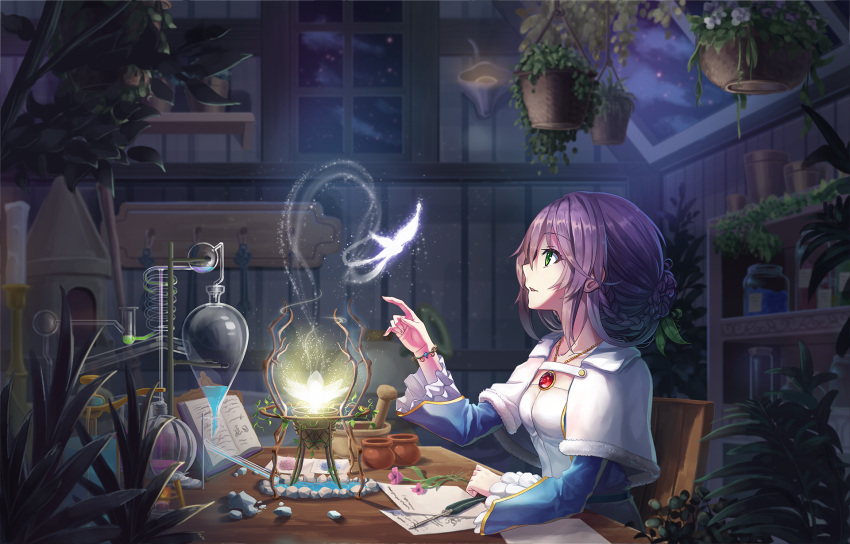 1girl, alchemy, bangs, book, bracelet, braid, braided_bun, candle