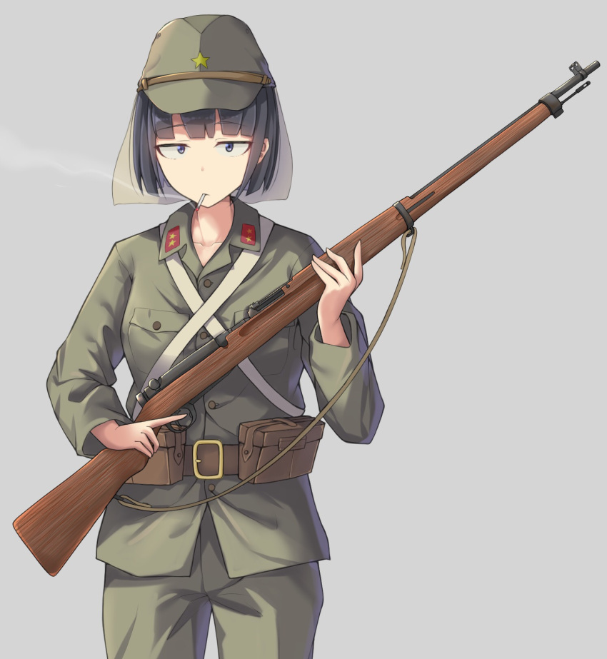 1girl, arisaka, black_hair, blue_eyes, bolt_action, cigarette, gun, hat, highres, holding, holding_gun, holding_weapon, imperial_japanese_army, military, military_hat, military_uniform, original, rifle, short_hair, simple_background, smoking, soldier, solo, tamusuguru, uniform, weapon, world_war_ii