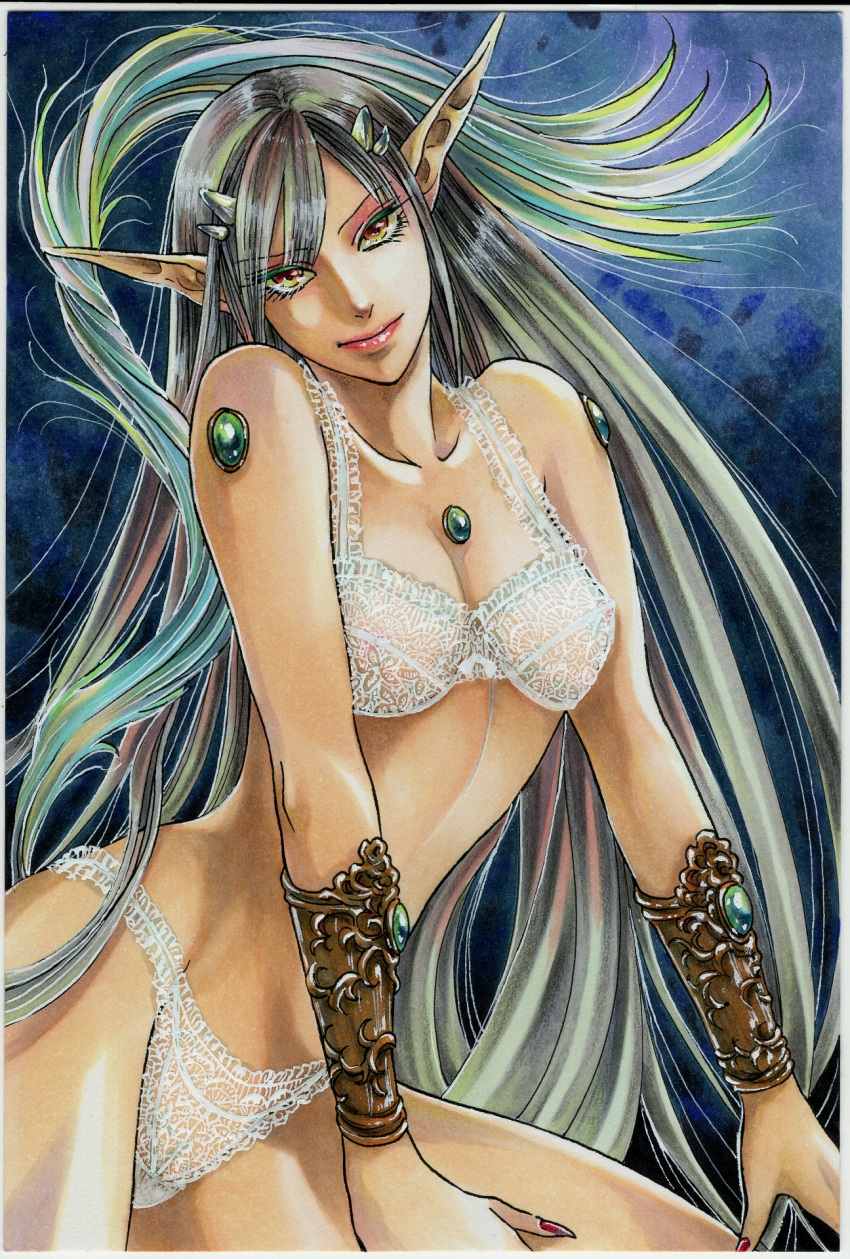 1girl, bra, breasts, cleavage, collarbone, gauntlets, gem, green_hair, gyuu-lunch, highres, horns, lace, lace_bra, lace_panties, lingerie, lipstick, long_hair, makeup, orange_eyes, original, panties, pointy_ears, tail, traditional_media, underwear, underwear_only, very_long_hair