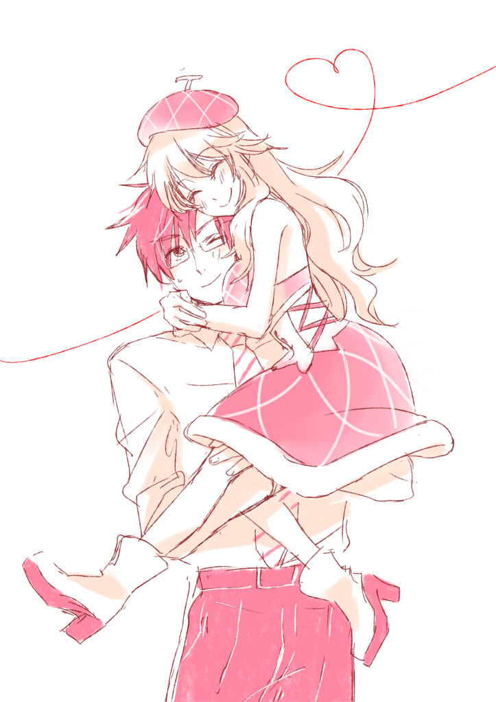 1boy, 1girl, black_hair, blonde_hair, boots, closed_eyes, dress, glasses