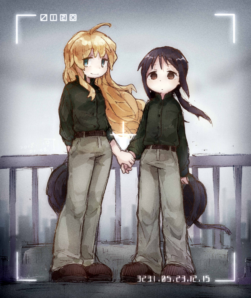2girls, 500_ml_beaker, ahoge, black_eyes, black_hair, blonde_hair, blue_eyes, boots