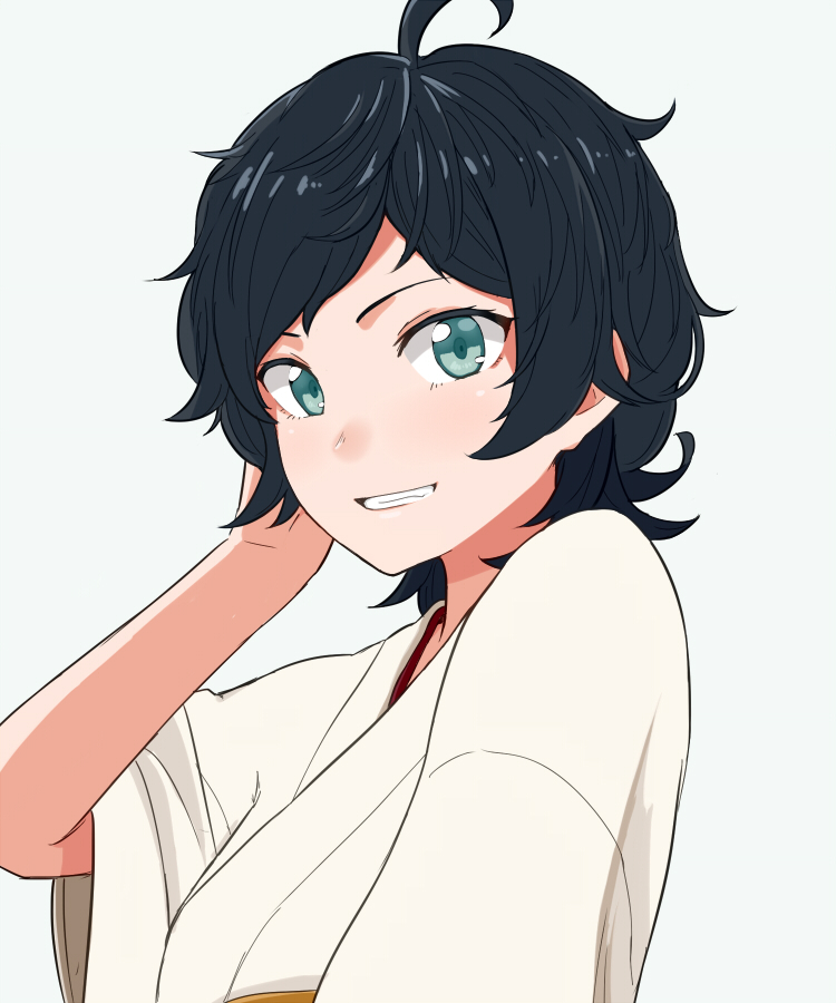 1girl, ahoge, bangs, black_hair, green_eyes, grin, japanese_clothes, kantai_collection