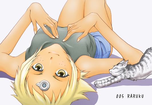 blonde_hair, breast_suppress, cat, dark_skin, diebuster, freckles, lal'c_mellk_mal, lal'c_mellk_mal