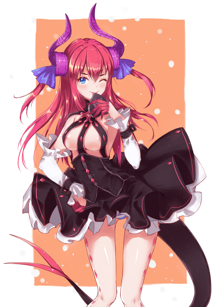 1girl, alternate_breast_size, asymmetrical_horns, blue_eyes, blush, breasts, curled_horns, detached_sleeves