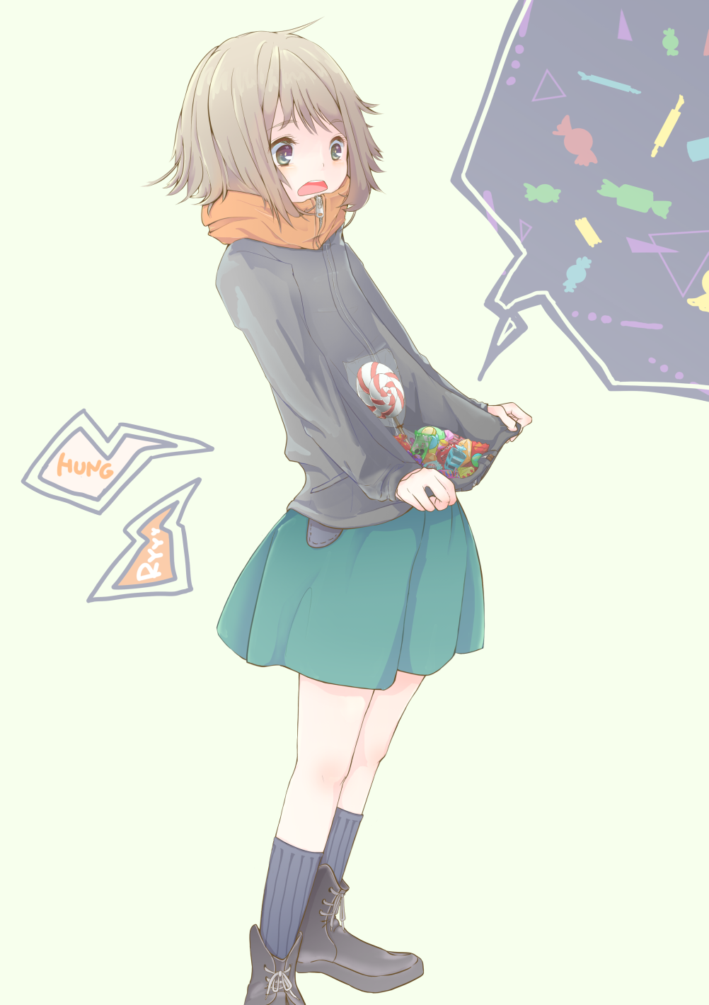 1girl, asai_umi, boots, candy, candy_wrapper, commentary_request, d:, eyebrows_visible_through_hair