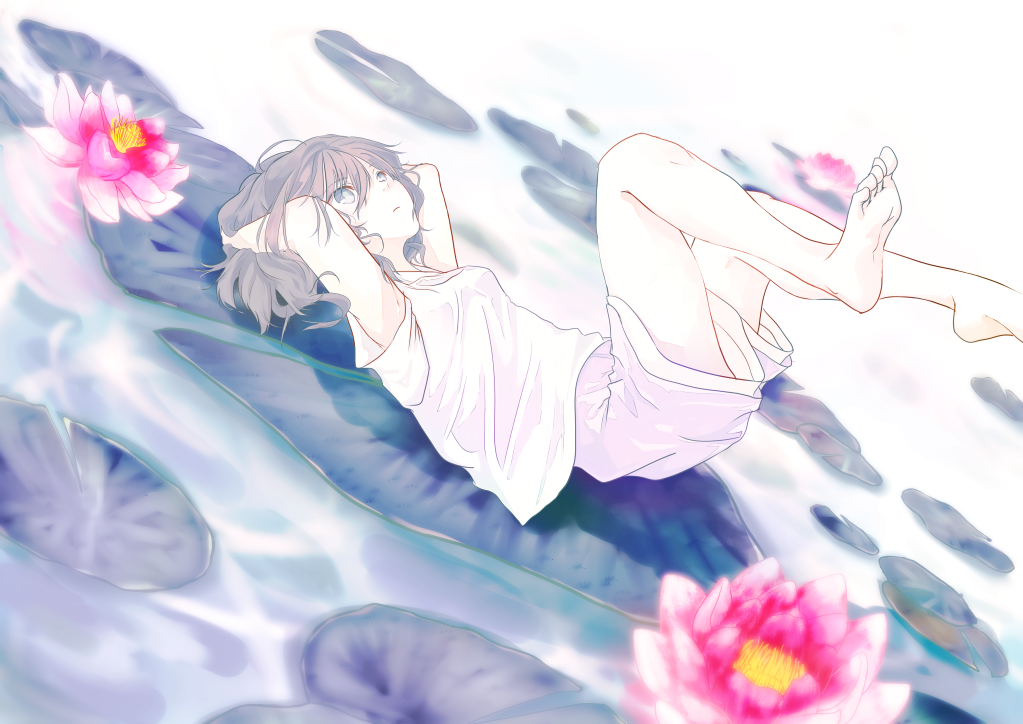 1girl, arms_up, asai_umi, barefoot, blue_eyes, breasts, brown_hair, flower