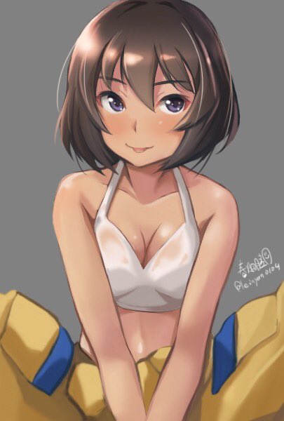 1girl, :p, alternate_eye_color, artist_name, bangs, blue_eyes, breasts, brown_hair