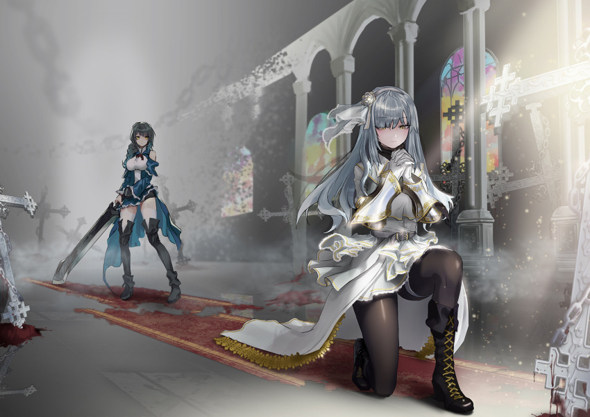 2girls, belt, black_footwear, black_legwear, black_shorts, boots, church, full_body, hands_clasped, highres, holding, holding_sword, holding_weapon, indoors, liyou-ryon, long_hair, majo_wa_fukushuu_no_yoru_ni, miniskirt, multiple_girls, one_knee, own_hands_together, pantyhose, short_shorts, shorts, silver_hair, skirt, sword, thigh-highs, thigh_boots, very_long_hair, weapon, white_skirt