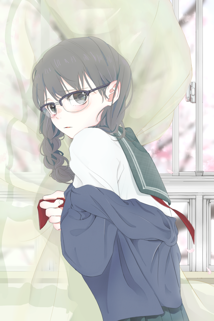 1girl, aqua_sailor_collar, aqua_skirt, asai_umi, bangs, blouse, blue_jacket, braid