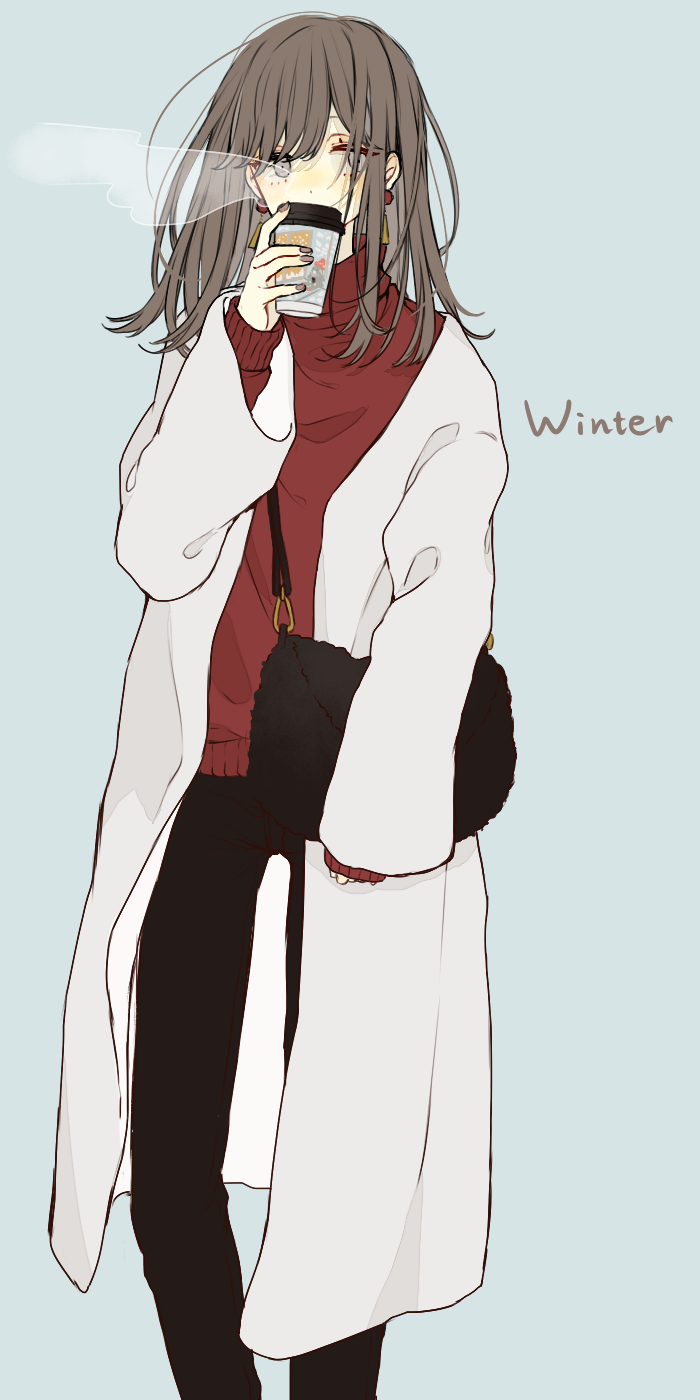 1girl, akakura, bag, bangs, black_bag, black_pants, blue_background, brown_hair, brown_nails, coat, coat_over_sweater, coffee_cup, cup, disposable_cup, earrings, english, fashion, fingernails, grey_eyes, hair_over_eyes, handbag, hanging_earrings, highres, jewelry, long_hair, looking_at_viewer, open_clothes, open_coat, original, pants, red_sweater, shoulder_bag, simple_background, sleeves_past_wrists, solo, standing, steam, sweater, swept_bangs, white_coat, winter