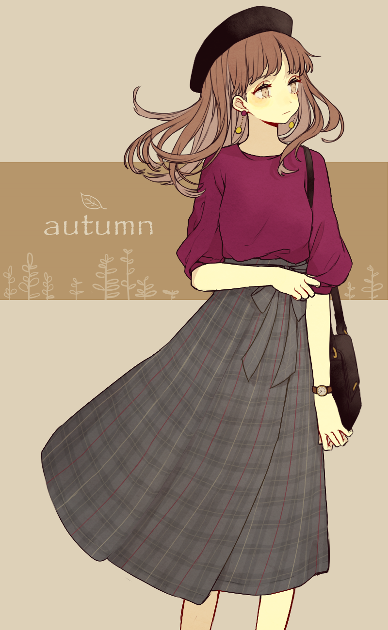 1girl, akakura, analog_clock, arm_across_waist, arm_at_side, autumn, bag, black_hair