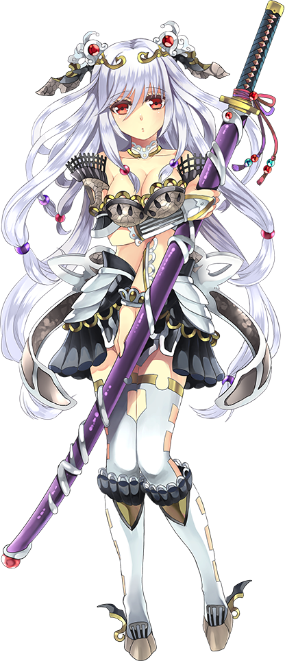 1girl, breasts, cleavage, full_body, hair_ornament, holding, holding_sword, holding_weapon