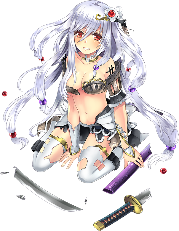 1girl, breasts, broken, broken_sword, broken_weapon, cleavage, full_body, hair_ornament