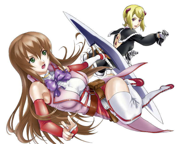 akimbo, blonde_hair, brown_hair, dual_wield, dual_wielding, elbow_gloves, gloves, green_eyes