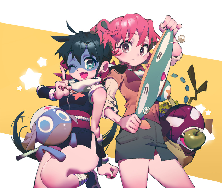 +_+, 2girls, apple, azumaya_koyuki, blush, brown_eyes, crying, crying_with_eyes_open, dororo_(keroro_gunsou), food, fruit, giroro, green_eyes, highres, hinata_natsumi, inhye, keroro, keroro_gunsou, looking_at_viewer, multiple_girls, ninja, open_mouth, pink_hair, smile, tears