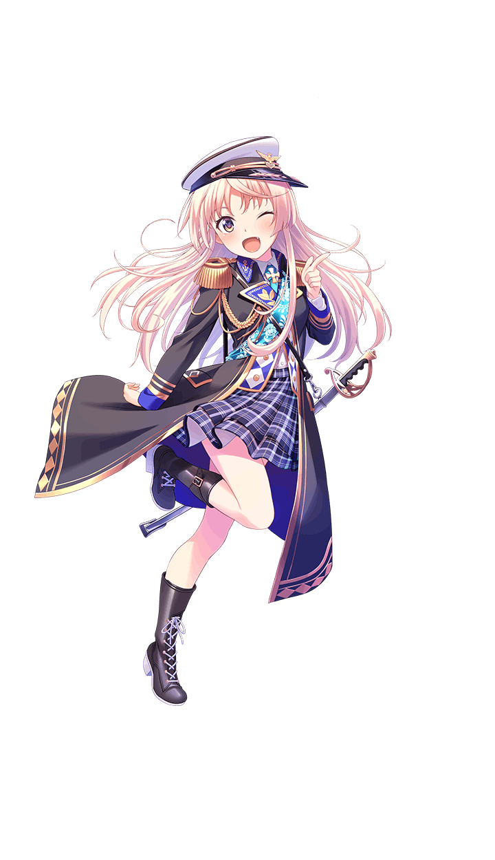 1girl, ;d, black_footwear, blonde_hair, boots, cross-laced_footwear, ellie_holden, epaulettes, fang, formation_girls, full_body, hat, highres, lace-up_boots, looking_at_viewer, military_hat, military_jacket, official_art, one_eye_closed, one_leg_raised, open_mouth, plaid, plaid_skirt, sheated, skirt, smile, solo, sword, tenkuu_nozora, transparent_background, violet_eyes, weapon, white_hat
