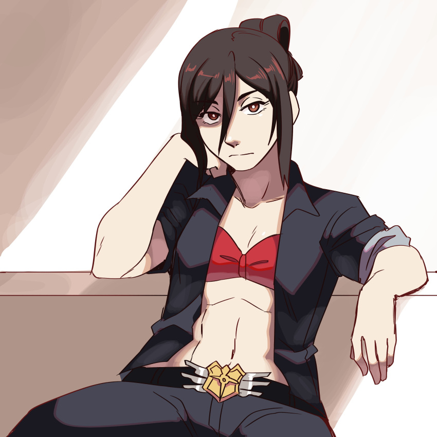 1girl, absurdres, artist_request, black_hair, bra, breasts, collarbone, couch
