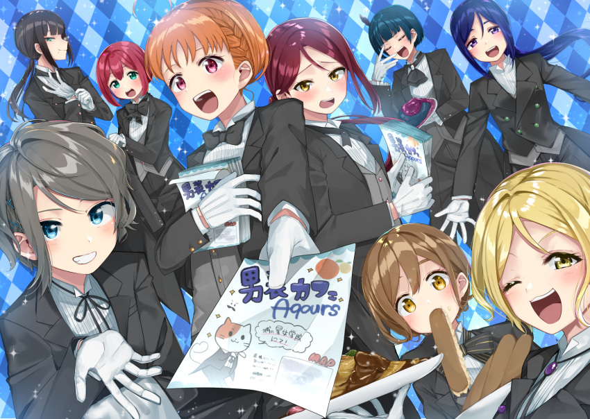 6+girls, 9girls, :d, ;d, adjusting_clothes, adjusting_gloves, alternate_hair_length, alternate_hairstyle