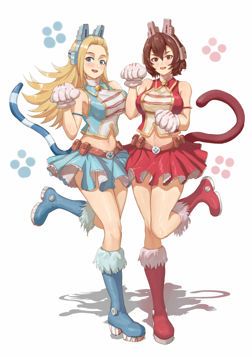 2girls, :d, absurdres, animal_ears, belt, blonde_hair, blue_eyes, blush, boku_no_hero_academia, boots, breasts, brown_eyes, cat_ears, cat_tail, fake_animal_ears, frilled_skirt, frills, full_body, gloves, headphones, high_heel_boots, high_heels, highres, large_breasts, long_hair, midriff, multiple_girls, navel, one_leg_raised, open_mouth, paw_gloves, paw_pose, paws, shadow, short_hair, simple_background, skirt, smile, sousaki_shino, tail, tsuchikawa_ryuuko, user_10841, whisker_markings, white_background