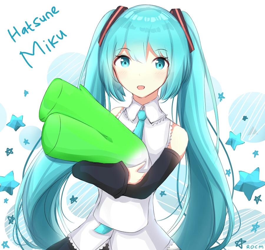 1girl, :d, artist_name, bangs, black_skirt, blue_eyes, blue_hair, blue_neckwear, blush, character_name, collared_shirt, commentary, detached_sleeves, eyebrows_visible_through_hair, hair_between_eyes, hair_ornament, hatsune_miku, long_hair, long_sleeves, looking_at_viewer, necktie, object_hug, open_mouth, rocm_(nkkf3785), shirt, skirt, sleeveless, sleeveless_shirt, sleeves_past_wrists, smile, solo, star, stuffed_spring_onion, stuffed_toy, twintails, very_long_hair, vocaloid, white_background, white_shirt