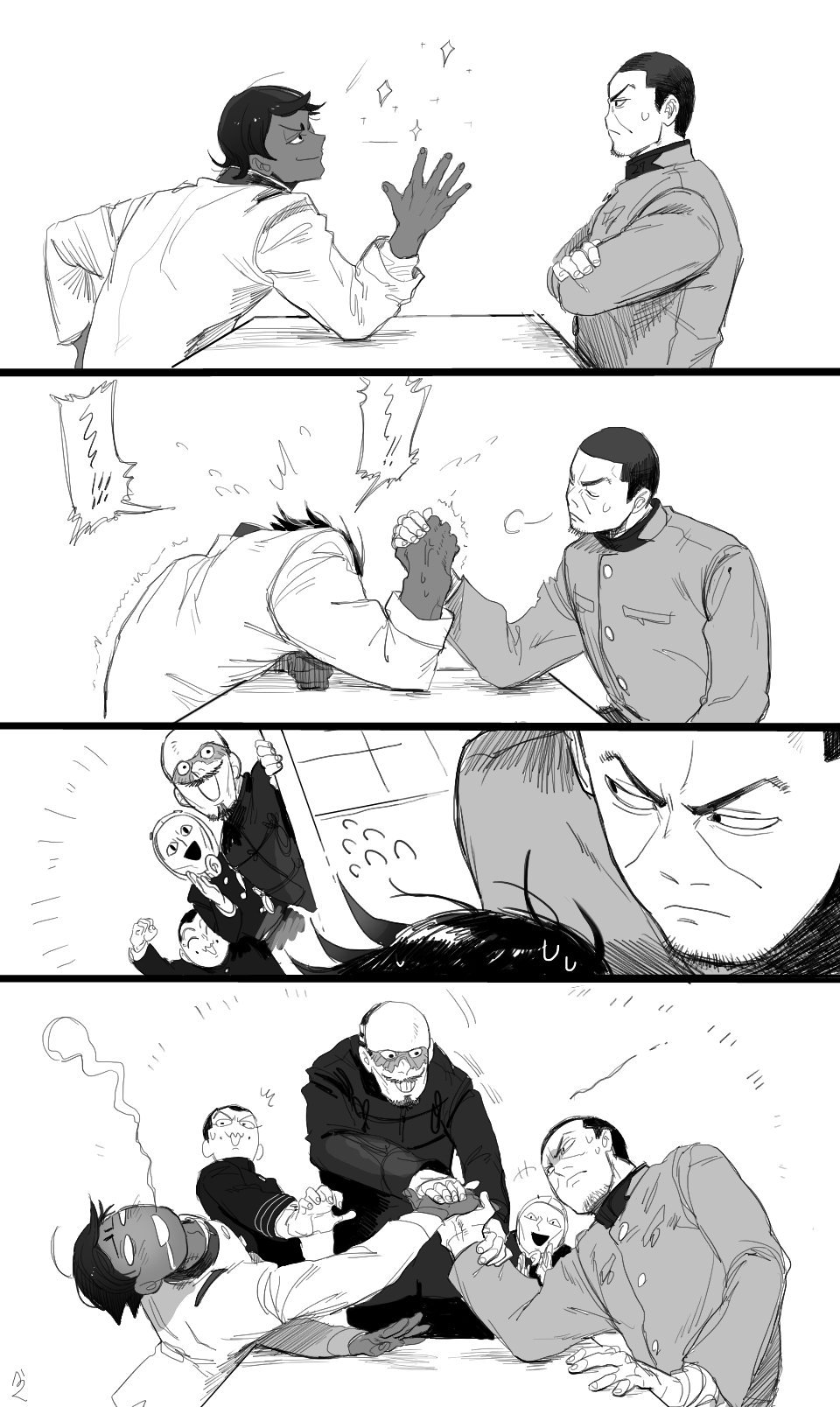 /\/\/\, 5boys, arm_wrestling, burn_scar, cheating_(competitive), cheering, comic, dark_skin